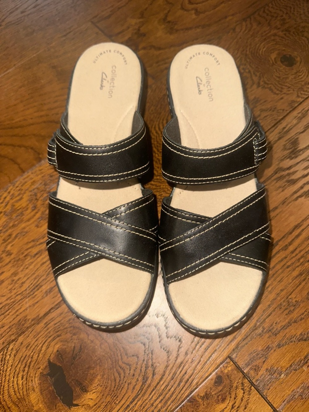 Clarks Delana Olivia Black Leather Crossover Slide Sandals